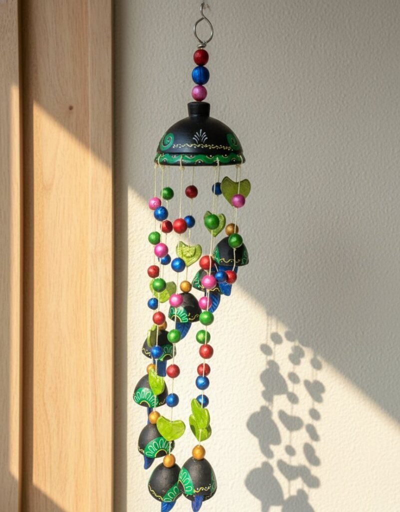 “Handcrafted black and green terracotta wind chime with colourful beads and bells hanging outdoors”