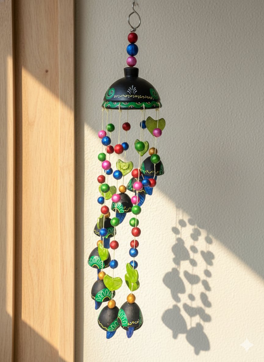 “Handcrafted black and green terracotta wind chime with colourful beads and bells hanging outdoors”