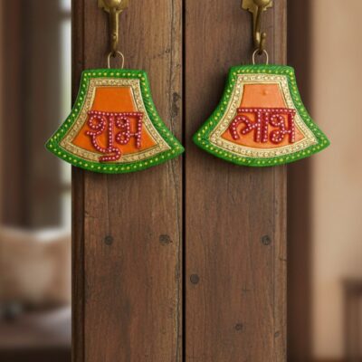 “Handcrafted Shubh Labh wall hanging with green, orange and gold detailing”