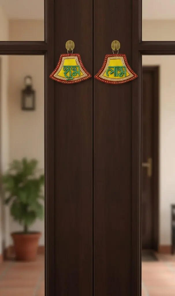 “Handcrafted Shubh Labh wall hanging with green, orange and gold detailing”