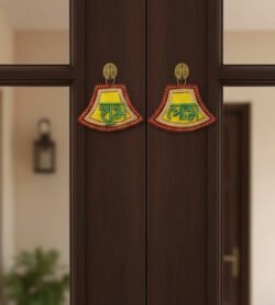 “Handcrafted Shubh Labh wall hanging with green, orange and gold detailing”