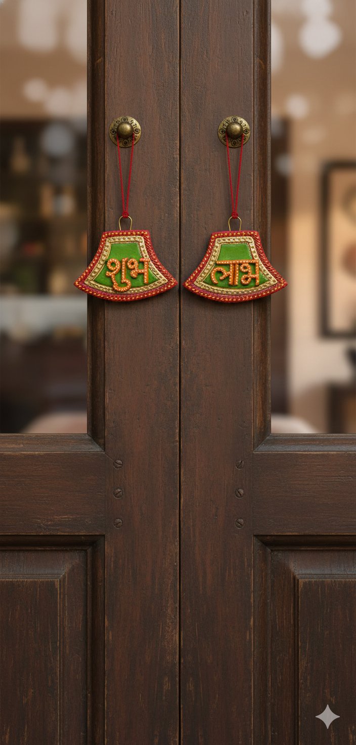 “Handcrafted Shubh Labh wall hanging with green, orange and gold detailing”