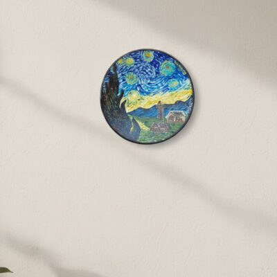 “Hand-painted terracotta wall plate inspired by Van Gogh’s Starry Night with textured night sky and village detailing”