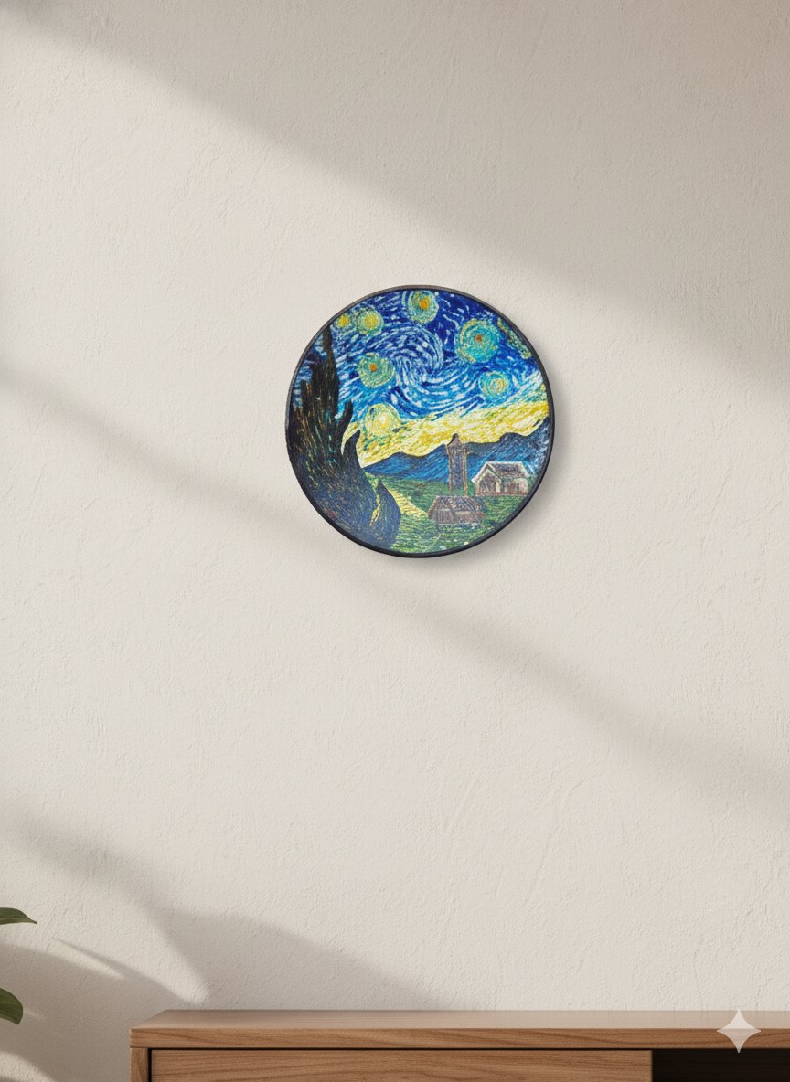 “Hand-painted terracotta wall plate inspired by Van Gogh’s Starry Night with textured night sky and village detailing”