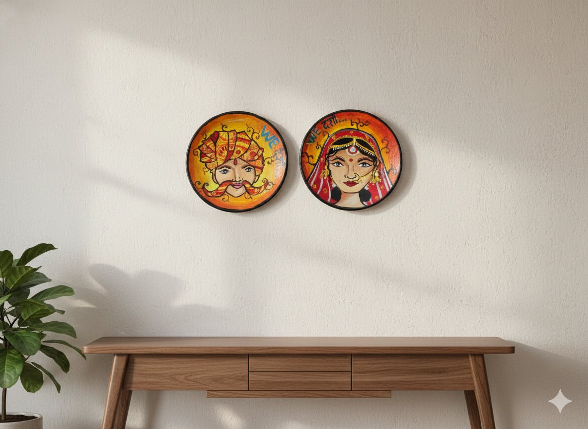 “Hand-painted Rajasthani bride and groom terracotta wall plates with orange-yellow gradient background”