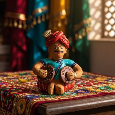 “Terracotta Rajasthani musician figurine seated with instrument – hand-painted folk art showpiece”