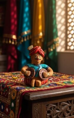 “Terracotta Rajasthani musician figurine seated with instrument – hand-painted folk art showpiece”