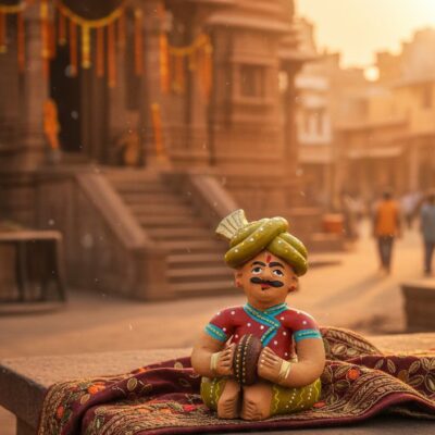 “Handcrafted Rajasthani musician clay figurine – colourful traditional Indian folk art decor piece”