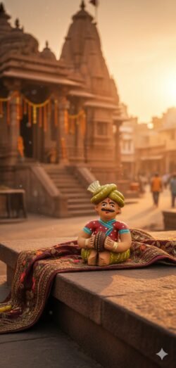 “Handcrafted Rajasthani musician clay figurine – colourful traditional Indian folk art decor piece”