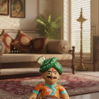 “Handcrafted Rajasthani musician clay figurine – colourful traditional Indian folk art decor piece”