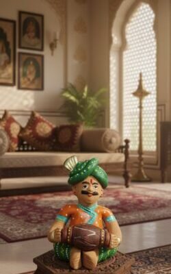 “Handcrafted Rajasthani musician clay figurine – colourful traditional Indian folk art decor piece”