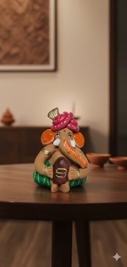 “Handcrafted Reading Ganesha clay idol on wooden chowki – colourful artisan statue for home décor”