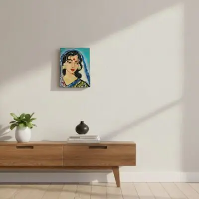 “Hand-painted wooden plaque with Kalighat-style portrait of Indian woman in saree”