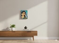 “Hand-painted wooden plaque with Kalighat-style portrait of Indian woman in saree”