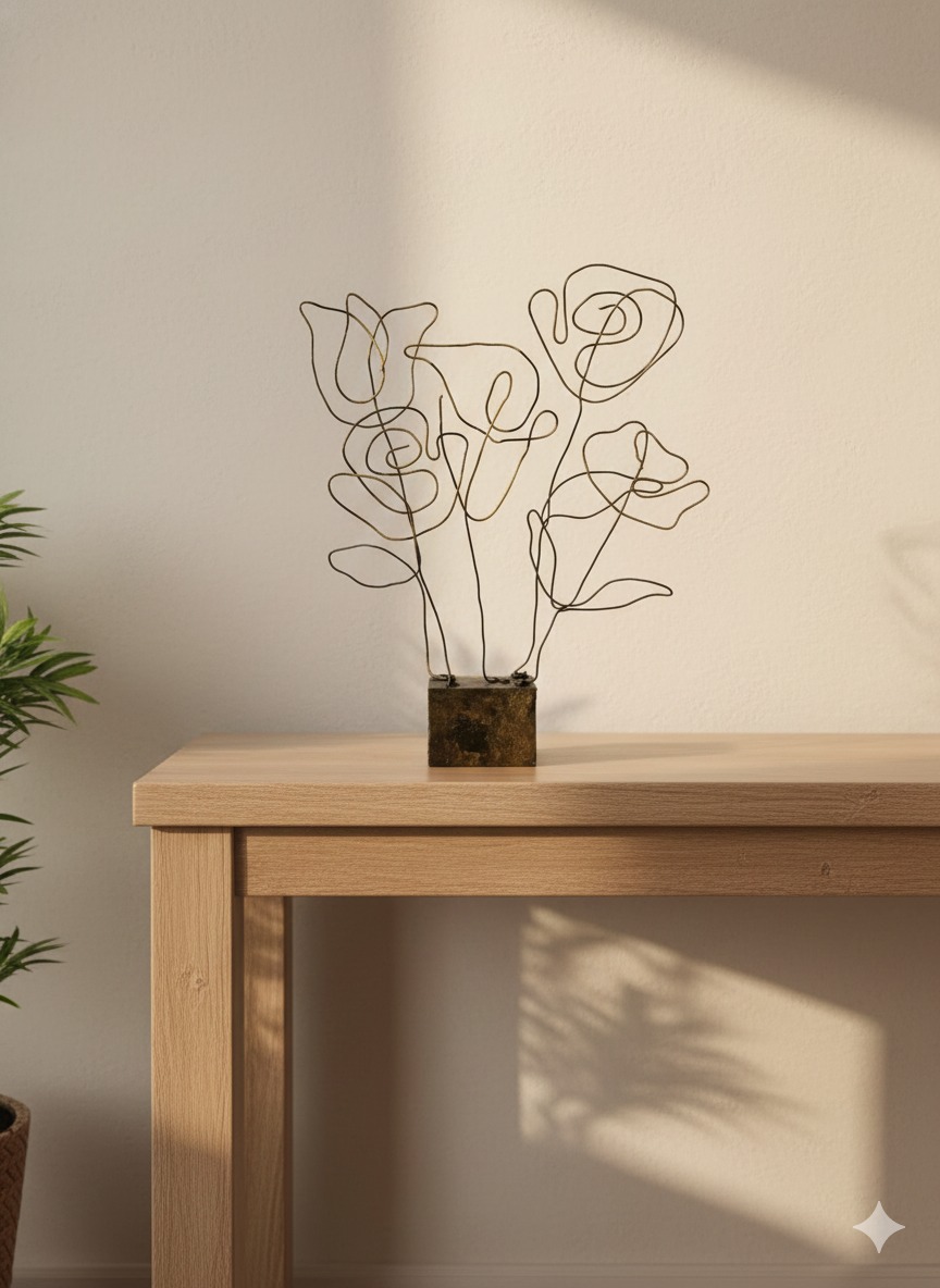 “Minimalist black and gold wire floral sculpture on distressed block base – abstract tabletop décor”