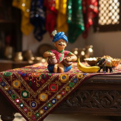 “Terracotta Rajasthani musician figurine seated with instrument – hand-painted folk art showpiece”