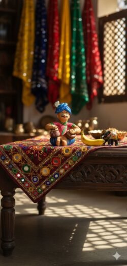“Terracotta Rajasthani musician figurine seated with instrument – hand-painted folk art showpiece”
