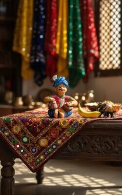 “Terracotta Rajasthani musician figurine seated with instrument – hand-painted folk art showpiece”