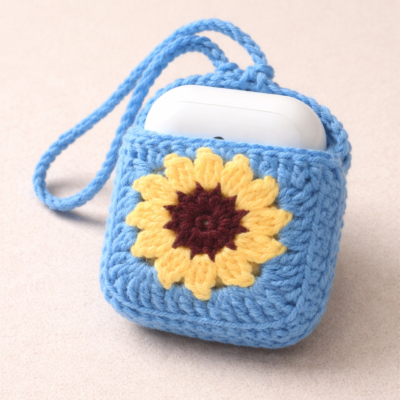 Handmade Crochet AirPods Pouch with Sunflower Design (Blue)
