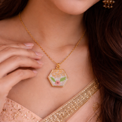 Floral Hexagon Pendant Necklace for Women