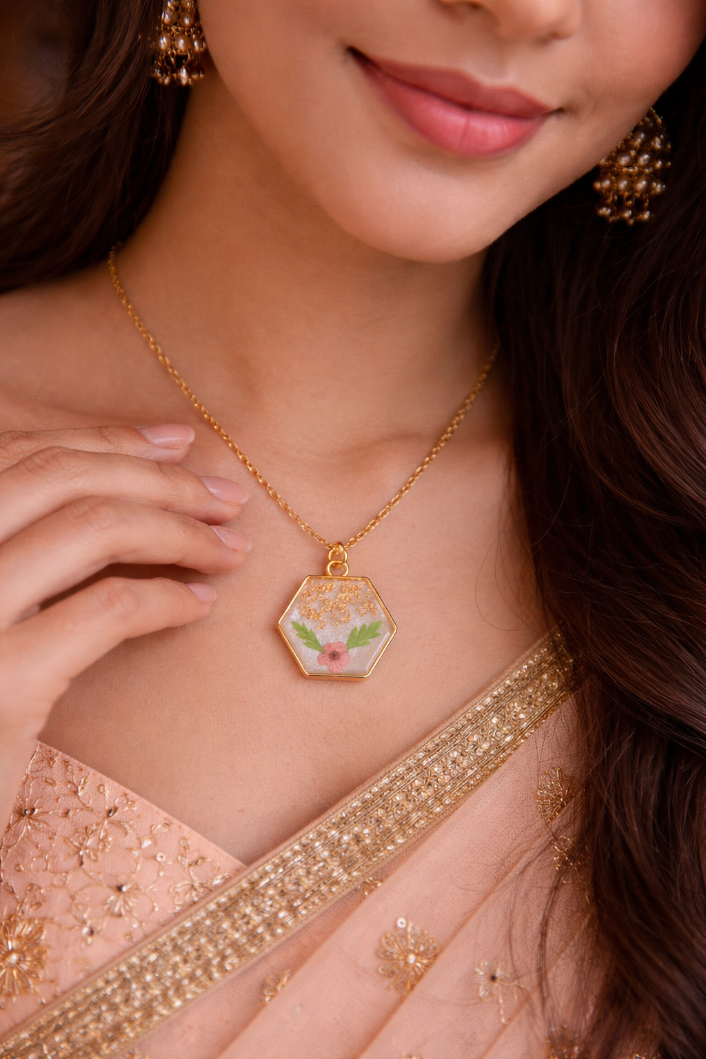 Floral Hexagon Pendant Necklace for Women