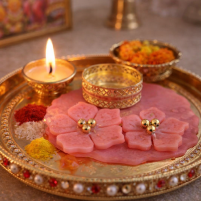 Floral Pink Resin Kumkum Haldi Holder Set with Decorated Puja Thali – Festive & Traditional Pooja Accessory