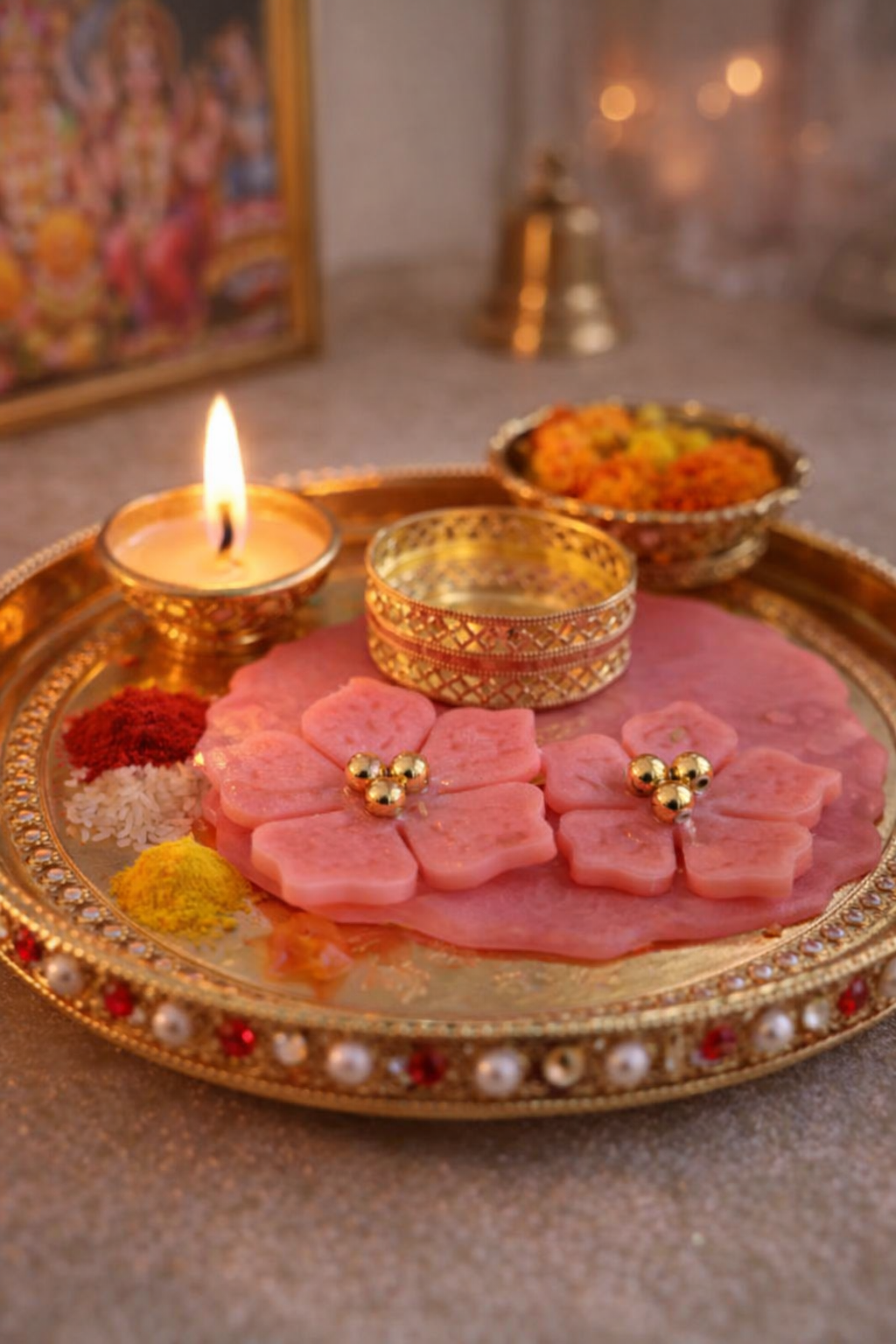 Floral Pink Resin Kumkum Haldi Holder Set with Decorated Puja Thali – Festive & Traditional Pooja Accessory