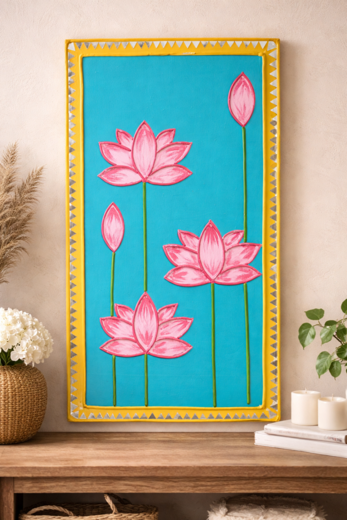 Lotus Flower Wall Art Panel – Pink Lotus on Blue Background (10 × 18 Inch, Plywood)
