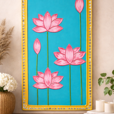 Lotus Flower Wall Art Panel – Pink Lotus on Blue Background (10 × 18 Inch, Plywood)