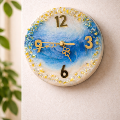 Blue & White Round Decorative Wall Clock with Gold Accents