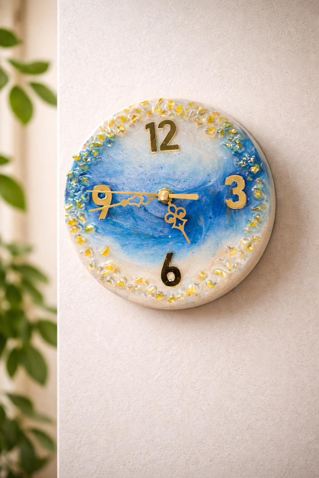 Blue & White Round Decorative Wall Clock with Gold Accents