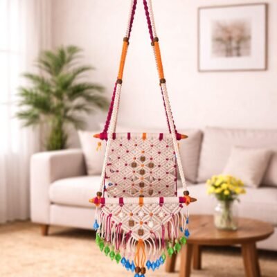 Handcrafted Teddy Hanging Chair (Cream Macramé Swing for Soft Toys & Kids Room Décor)
