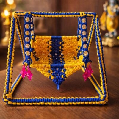 Handcrafted Macramé Pooja Jhula (Deity Swing) with Beads – Yellow & Blue Temple Décor