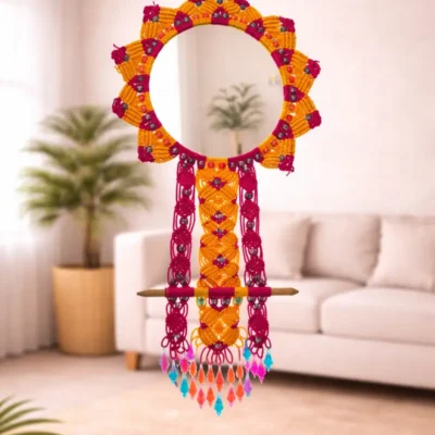 Handcrafted Macramé Wall Hanging Mirror with Beaded Tassels – Boho Home Décor (Round)