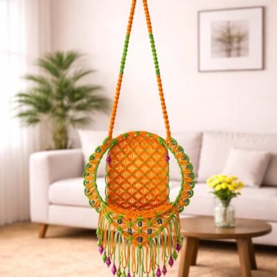 Handcrafted Macramé Hanging Chair Planter / Decorative Swing Basket (Orange & Green Boho Décor)