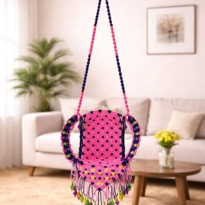 Handcrafted Teddy Hanging Chair (Cream Macramé Swing for Soft Toys & Kids Room Décor)