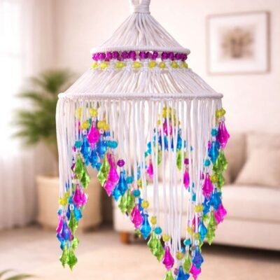 Handcrafted White Macramé Hanging Lantern with Multicolour Crystal Drops (Boho Ceiling Décor)
