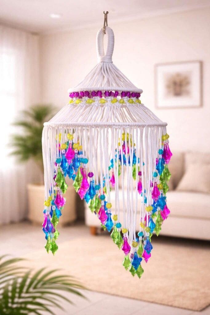 Handcrafted White Macramé Hanging Lantern with Multicolour Crystal Drops (Boho Ceiling Décor)