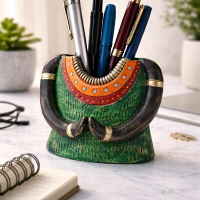 Handcrafted Tribal Lady Pen Stand | Decorative Ethnic Desk Organizer (Green & Multicolour)