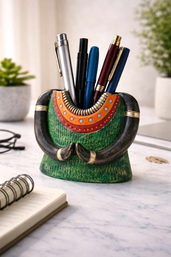 Handcrafted Tribal Lady Pen Stand | Decorative Ethnic Desk Organizer (Green & Multicolour)