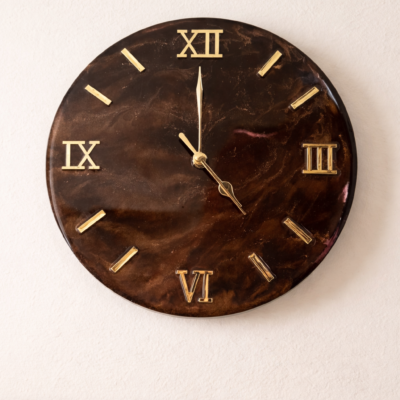 Luxury Dark Marble Resin Wall Clock with Gold Roman Numerals – Handmade Designer Wall Clock