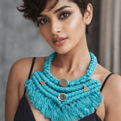 Turquoise Boho Macramé Statement Necklace with Tassels & Metal Charms