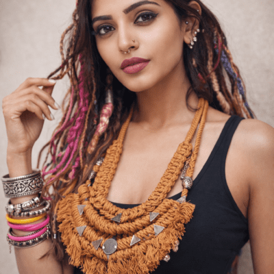 Turquoise Boho Macramé Statement Necklace with Tassels & Metal Charms