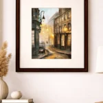“Handmade old London street painting with vintage architecture and warm evening lights, watercolor and acrylic artwork by artist Jeel”