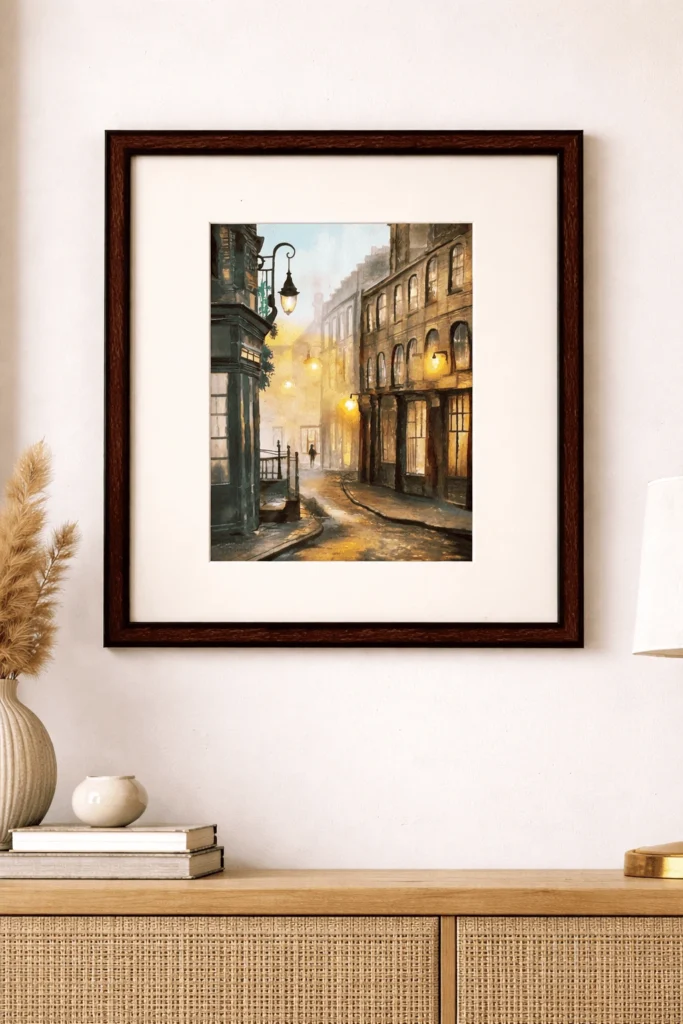 “Handmade old London street painting with vintage architecture and warm evening lights, watercolor and acrylic artwork by artist Jeel”