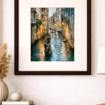 “Original handmade Venice canal painting by artist Jeel with gondola and water reflections, watercolor and acrylic framed wall art”