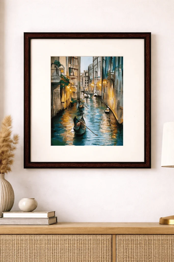 “Original handmade Venice canal painting by artist Jeel with gondola and water reflections, watercolor and acrylic framed wall art”