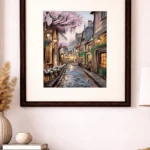 “Handmade Japanese street painting in watercolor and acrylic, framed cityscape wall art by artist Jeel”