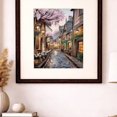 “Handmade Japanese street painting in watercolor and acrylic, framed cityscape wall art by artist Jeel”