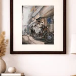 “Handmade Indian street painting with motorcycle in watercolor and acrylic, framed urban wall art by artist Jeel”
